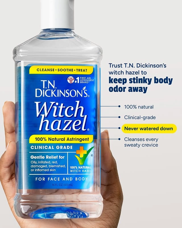Photo by T.N. Dickinson's Witch Hazel on September 05, 2025. May be an image of 1 person and text that says 'CLEANSE SOOTHE CLEANSESOOTHE.TREAT TREAT Trust T.N. Dickinson's witch hazel to keep stinky body odor away FIRST ASTRINGENT ASTRINGEN TN. BRAND DICKINSON'S. Witch hazel 100% Natural Astringent 100% natural Clinical-grade CLINICAL GRADE Never watered down Cleanses every sweaty crevice Gentle Relief for Oily, rrltated. red, damaged, blemished, or inflamed 5kin G 100% NATURAL WITCH WITCHHAZEL ΗΑΖΕΙ FOR FACE AND FORFACEANDBODY BODY 16FLOZ473mL) Z.1473mL'.