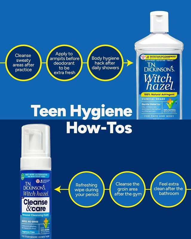 Photo by T.N. Dickinson's Witch Hazel on September 26, 2025. May be an image of hair product, toothbrush, ointment, dental floss and text that says 'Cleanse sweaty areas after practice Apply to armpits before deodorant Body hygiene hack after daily showers extra extrafresh fresh 1 GLEANGE-BOOTHE-TREAT DICKINSON'S. Witch, hazel. 100% Natural Astringent CLINICAL GRADE Rebet Prlict 00% ATURAL FOR FACE AND Teen Hygiene How-Tos ODY METWIPE ALTERNATIVE USERIER Refreshing wipe during your period 理 DICKINSON'S. Witch hazel. Cleanse acare Personal CleansingFcan Foar Cleanse the groin area after the gym Feel extra clean cleanafter after the bathroom ΠE, TLE,NO-RINSE -RINSE 0-aor #UaEsAc 3万%H町 保耳'.