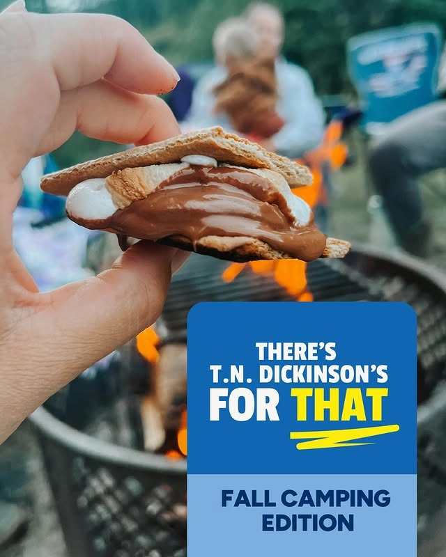 Photo by T.N. Dickinson's Witch Hazel on September 23, 2025. May be an image of 1 person, camping, wafer, marshmallow and text that says 'THERE'S T.N. DICKINSON'S FOR THAT FALL CAMPING EDITION'.